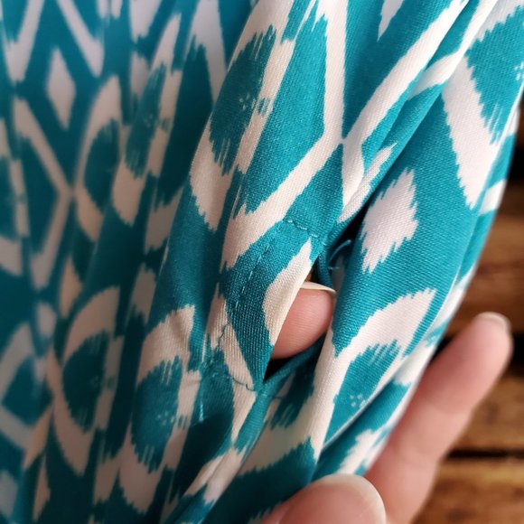 JustFab Large 3/4 Sleeve Teal and White Wrap Dress - Picture 5 of 11